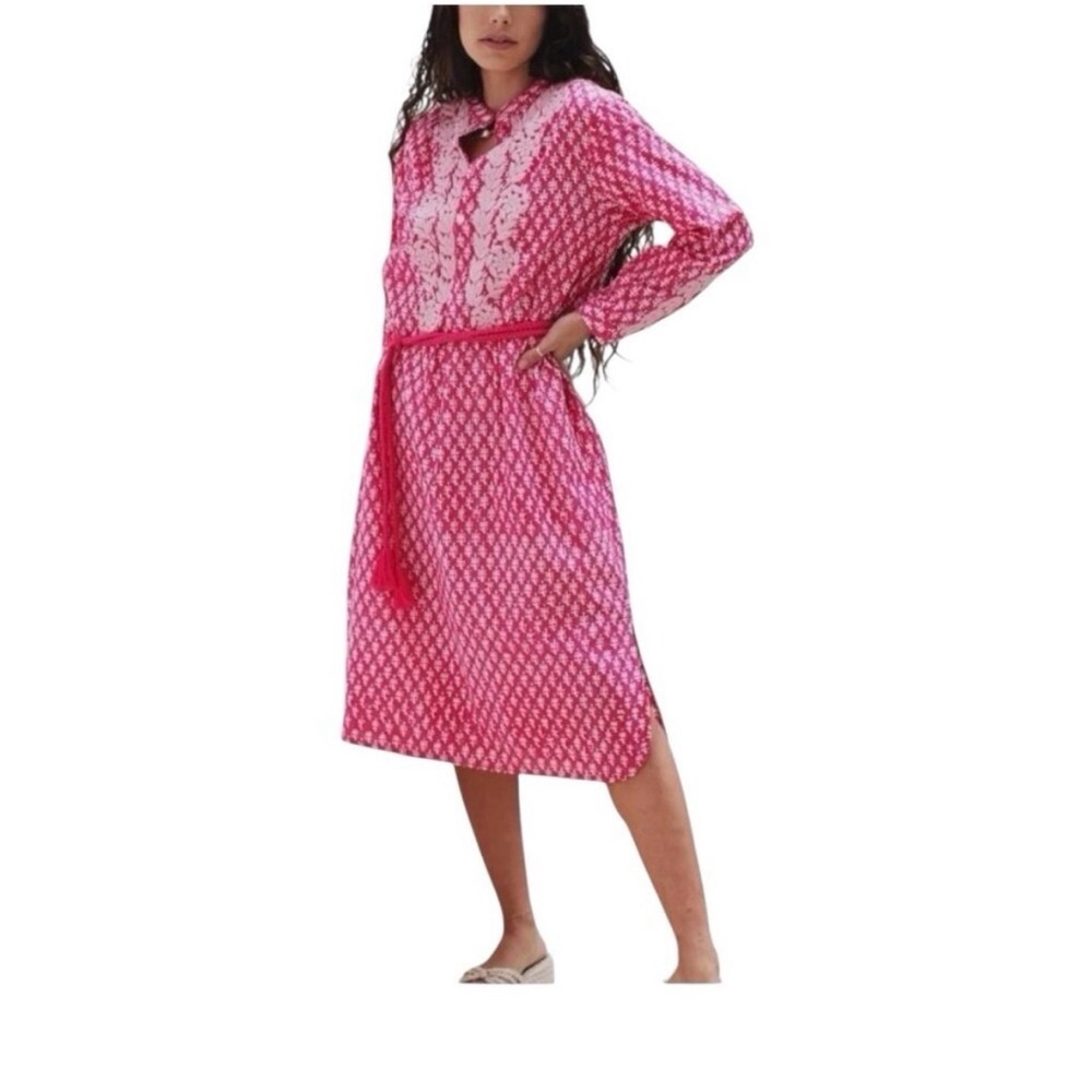 NWT EX VOTO IVY Caftan w/embroidery Pink& White Long Sleeve 100% Cotton SZ MD